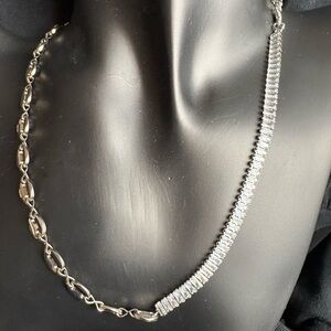 Half Tennis Half Cuban Link Necklace Silver Mixed Link Chain Baguette CZ